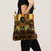 Tote Bag Noir et conception de Paisley d'or (De près)