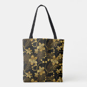 Tote Bag Noir et or feuilles tropicaux et fleurs motif (Dos)