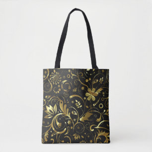 Tote Bag Noir Et Or Floral Vintage Damask