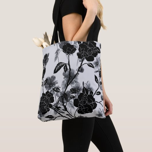 Tote Bag Noir floral papillon moderne (De près)