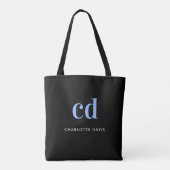 Tote Bag Noir nom bleu monogramme élégant moderne (Dos)