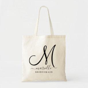 Tote Bag Noir Nom du script initial Floral Bridesmaid Large