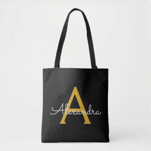 Tote Bag Noir Nom Gold White Girl Script Monogramme Moderne