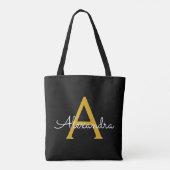 Tote Bag Noir Nom Gold White Girl Script Monogramme moderne (Dos)