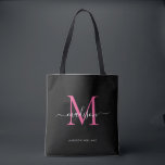 Tote Bag Noir PInk Magenta Monogramme Nom du script Initial<br><div class="desc">Moderne Black Hot Pink Magenta Monogramme Élégant Nom du script Sac fourre-tout initial</div>