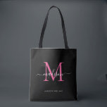 Tote Bag Noir PInk Magenta Monogramme Nom du script Initial<br><div class="desc">Moderne Black Hot Pink Magenta Monogramme Élégant Nom du script Sac fourre-tout initial</div>