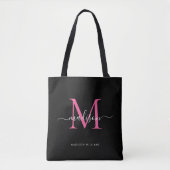 Tote Bag Noir PInk Magenta Monogramme Nom du script Initial (Devant)