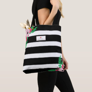 Tote Bag Noir + Professeur rose floral d'Apple de rayure