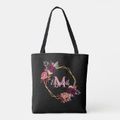Tote Bag Noir rose fleurons or nom de monogramme géométriqu (Dos)