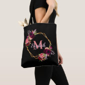 Tote Bag Noir rose fleurons or nom de monogramme géométriqu (De près)