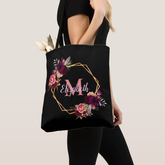 Tote Bag Noir rose fleurons or nom de monogramme géométriqu (De près)