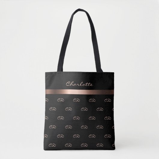 Tote Bag Noir rose or monogramme initiales nom du motif (Devant)