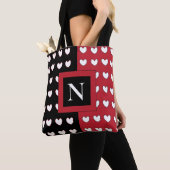 Tote Bag Noir Rouge Coeurs blancs Monogramme initial (De près)