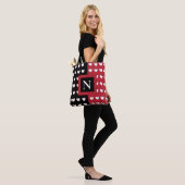 Tote Bag Noir Rouge Coeurs blancs Monogramme initial (Sur le modèle)