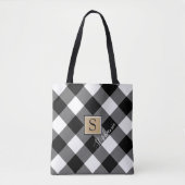 Tote Bag Noir rustique Buffle Blanc Plaid Monogramme Nom (Devant)
