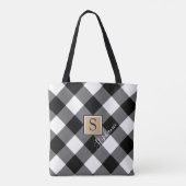 Tote Bag Noir rustique Buffle Blanc Plaid Monogramme Nom (Dos)