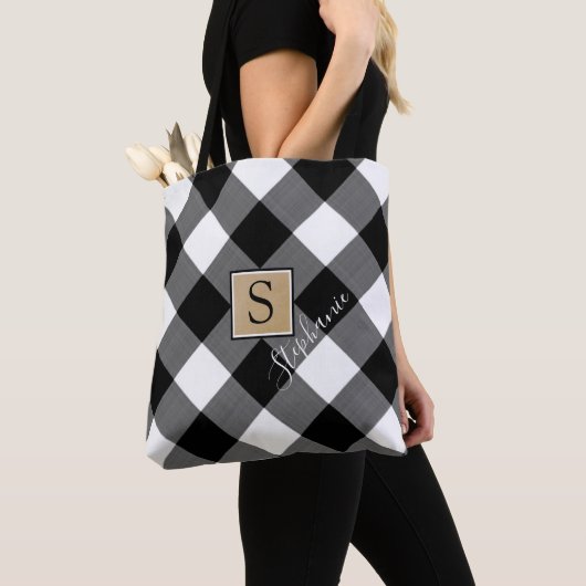 Tote Bag Noir rustique Buffle Blanc Plaid Monogramme Nom (De près)