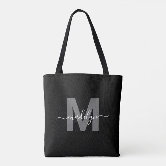 Tote Bag Noir tendance moderne nom de script Monogram (Dos)