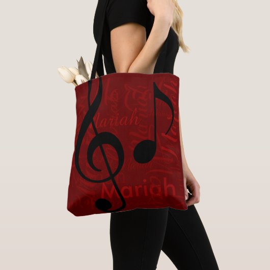 Tote Bag Noir Treble Clef Music Monogramme avec nom rouge (De près)