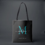 Tote Bag Noir Turquoise vert Monogramme Nom initial<br><div class="desc">Monogramme Turquoise moderne noir vert Élégant Nom du script Sac fourre-tout initial</div>