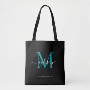 Tote Bag Noir Turquoise vert Monogramme Nom initial