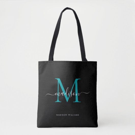 Tote Bag Noir Turquoise vert Monogramme Nom initial (Devant)