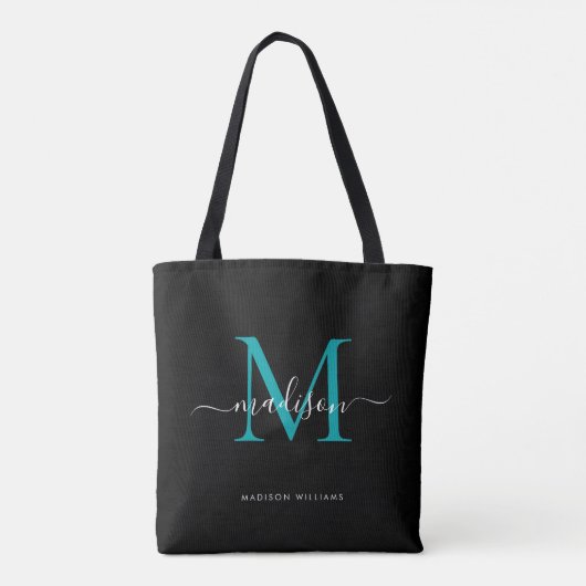 Tote Bag Noir Turquoise vert Monogramme Nom initial (Dos)