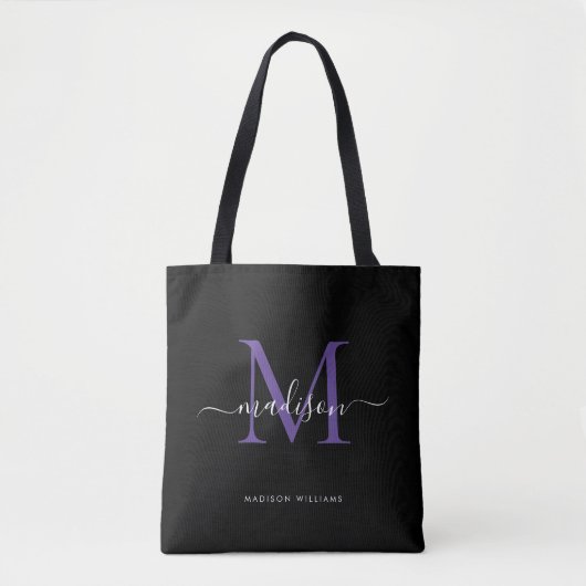 Tote Bag Noir Violet Violet Monogramme Nom du script Initia (Devant)