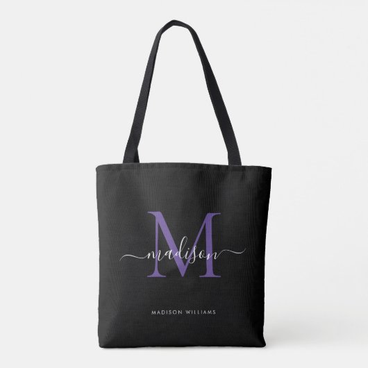 Tote Bag Noir Violet Violet Monogramme Nom du script Initia (Dos)