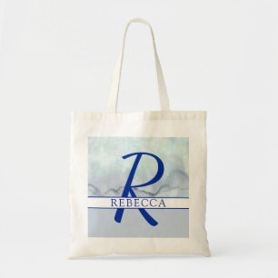 Tote Bag Nom   Aquarelle bleu monogramme