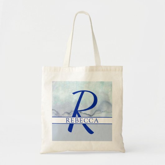 Tote Bag Nom | Aquarelle bleu monogramme (Devant)