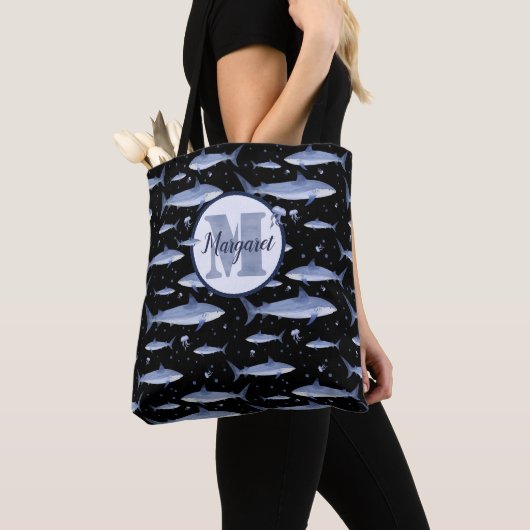 Tote Bag Nom + Aquarelle Monogram Requin Jellyfish | Noir (De près)