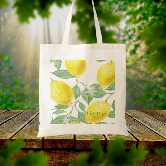 Tote Bag Nom blanc du motif de couleur pastel citron