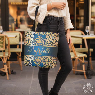 Tote Bag Nom damassé orné de bleu royal et d'or élégant