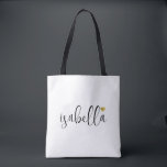 Tote Bag Nom de demoiselle d'honneur personnalisé<br><div class="desc">Un sac blanc moderne chic avec un nom en écriture noire et un cœur doré qui est parfait pour une demande de demoiselle d'honneur. Vos demoiselles d'honneur peuvent remplir leur fourre-tout avec l'essentiel pour les voyages en enterrement de vie de jeune fille, ou avec l'essentiel à apporter le matin du...</div>