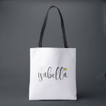 Tote Bag Nom de demoiselle d'honneur personnalisé<br><div class="desc">Un sac blanc moderne chic avec un nom de script noir et un cœur doré qui est parfait pour une demande de demoiselle d'honneur. Vos demoiselles d'honneur peuvent remplir leur fourre-tout avec l'essentiel pour les voyages en enterrement de vie de jeune fille, ou avec l'essentiel à apporter le matin du...</div>