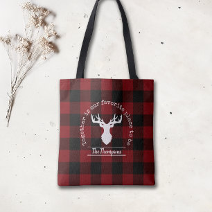Tote Bag Nom de famille de cerf à carreaux rouge et noir de