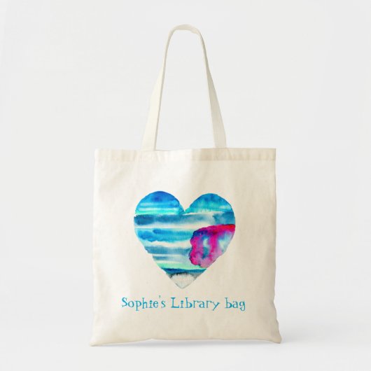 Tote Bag Nom de la bibliothèque de coeur bleu aquarelle (Devant)