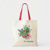 Tote Bag Nom de l'enseignant, Fir Branches Red Berries En v (Devant)