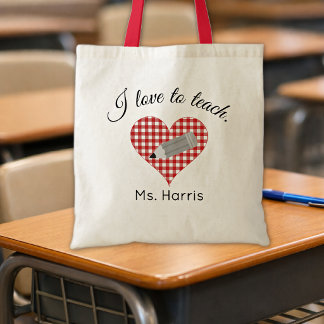 Tote Bag Nom de l'enseignant, j'adore enseigner. Cœur à car