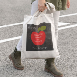 Tote Bag Nom de l'enseignant tableau rouge pomme merci