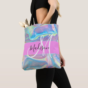Tote Bag Nom de monogramme holographique iridescent rose fé