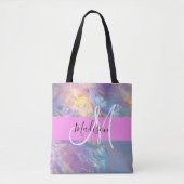 Tote Bag Nom de monogramme holographique iridescent rose fé (Devant)
