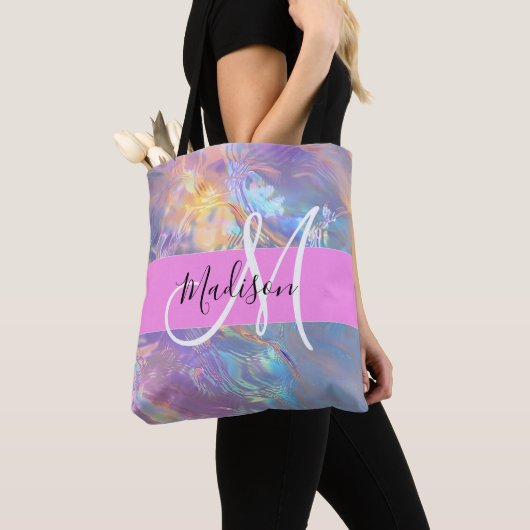 Tote Bag Nom de monogramme holographique iridescent rose fé (De près)
