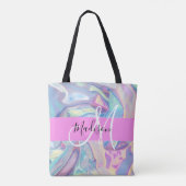 Tote Bag Nom de monogramme holographique iridescent rose fé (Dos)