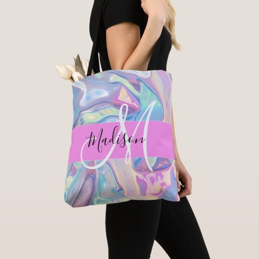Tote Bag Nom de monogramme holographique iridescent rose fé (De près)