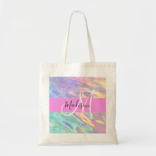 Tote Bag Nom de monogramme holographique iridescent rose fé (Devant)