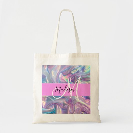 Tote Bag Nom de monogramme holographique iridescent rose fé (Devant)