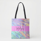 Tote Bag Nom de monogramme holographique iridescent rose fé (Devant)