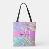 Tote Bag Nom de monogramme holographique iridescent rose fé (Dos)